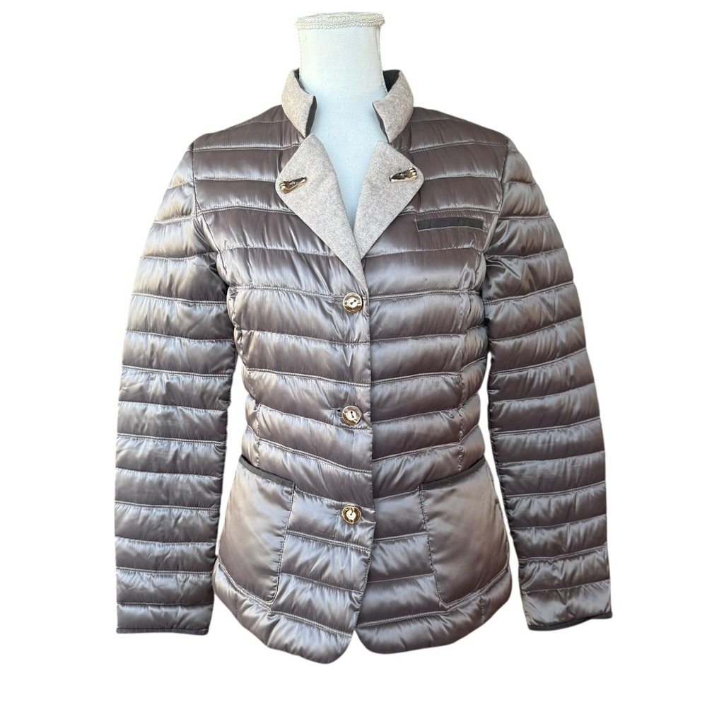 White Label Puffer Blazer Jacket Women's Taupe Quilted Metallic Button Down Sz6